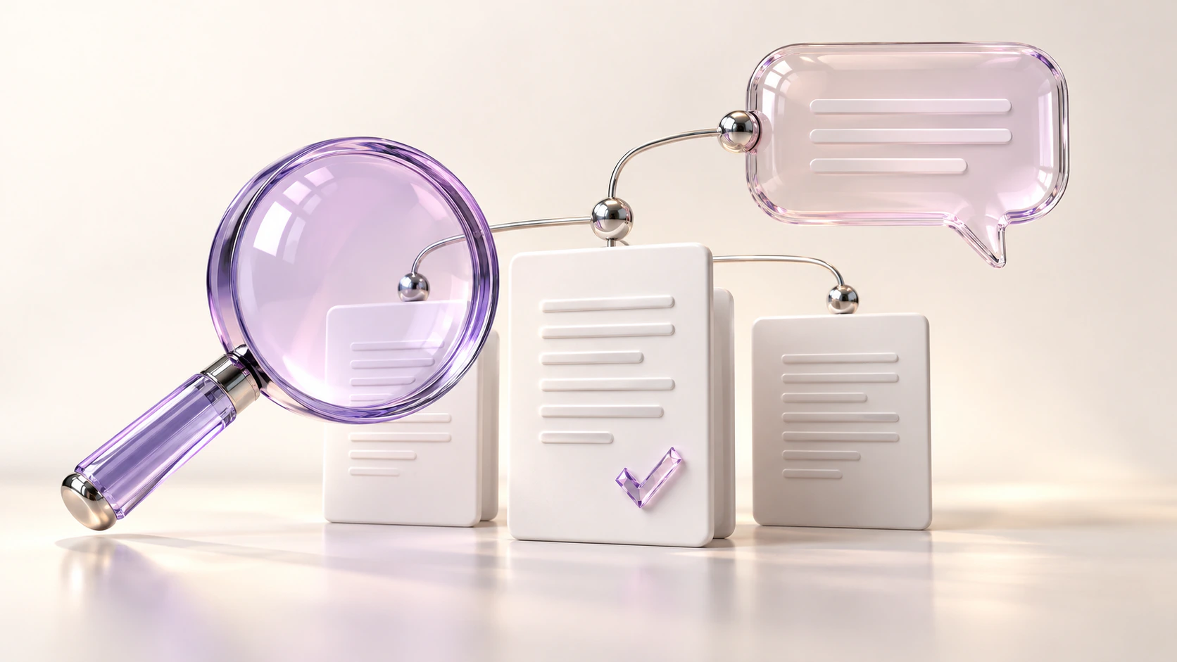 A lavender magnifying glass inspects three white document cards connected by chrome nodes to a glass speech bubble.