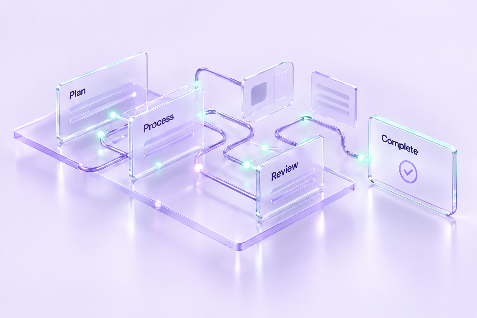Penta concept illustration: glass process panels connected by violet pathways and mint signals.