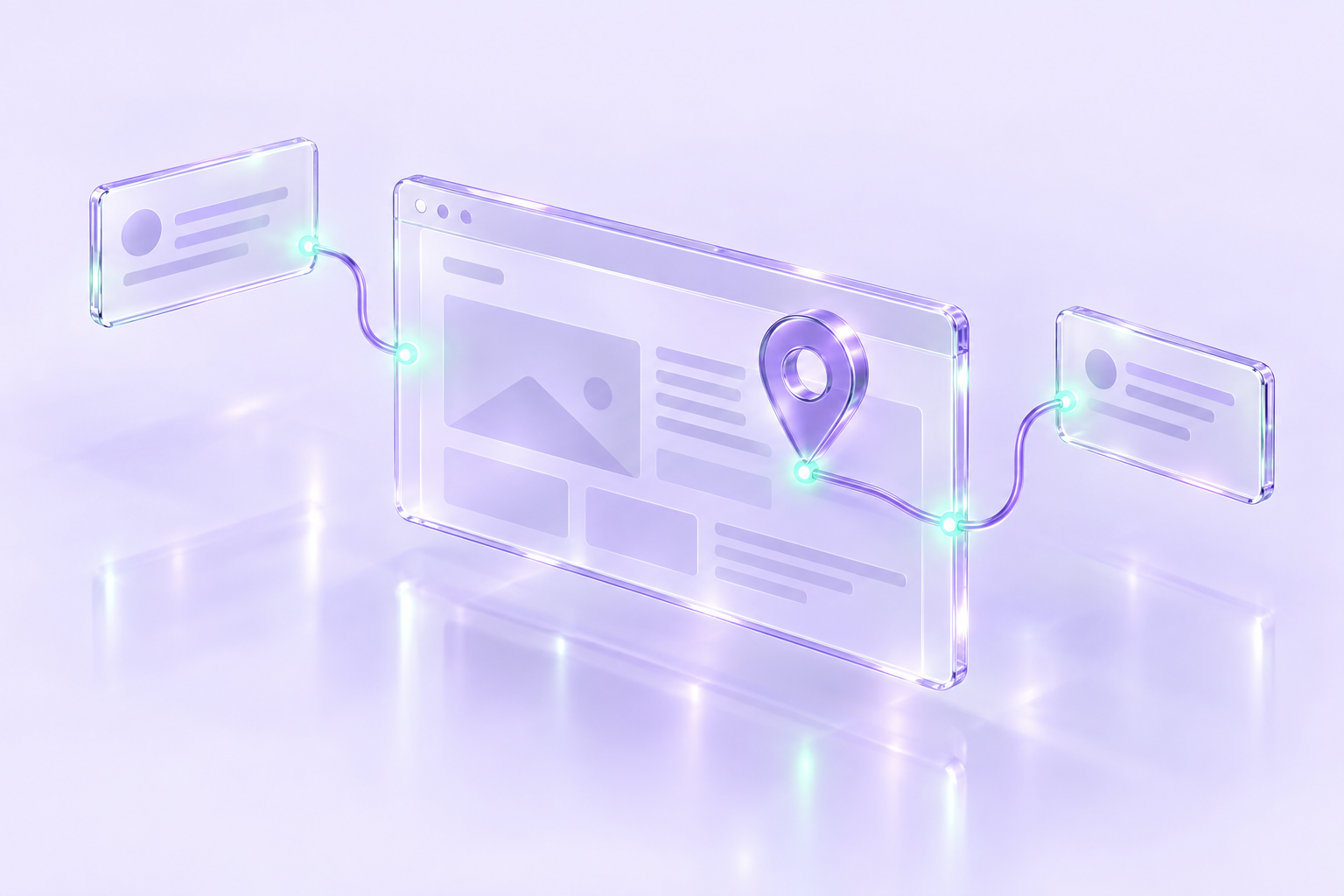 Pin Point concept illustration: a glass browser with a violet pin and connected feedback cards.