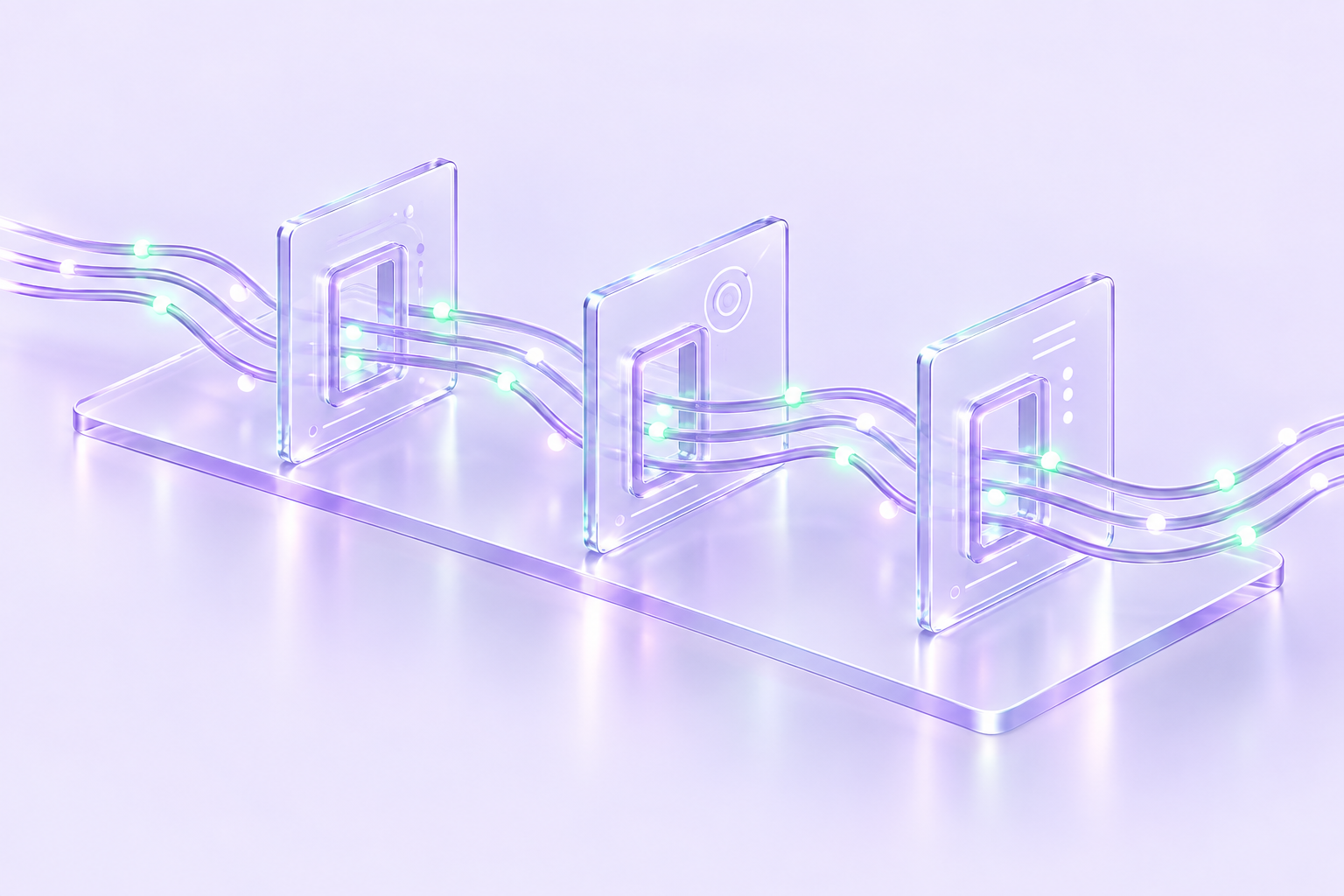 Proxxy concept illustration: violet data streams pass through three transparent inspection gates.