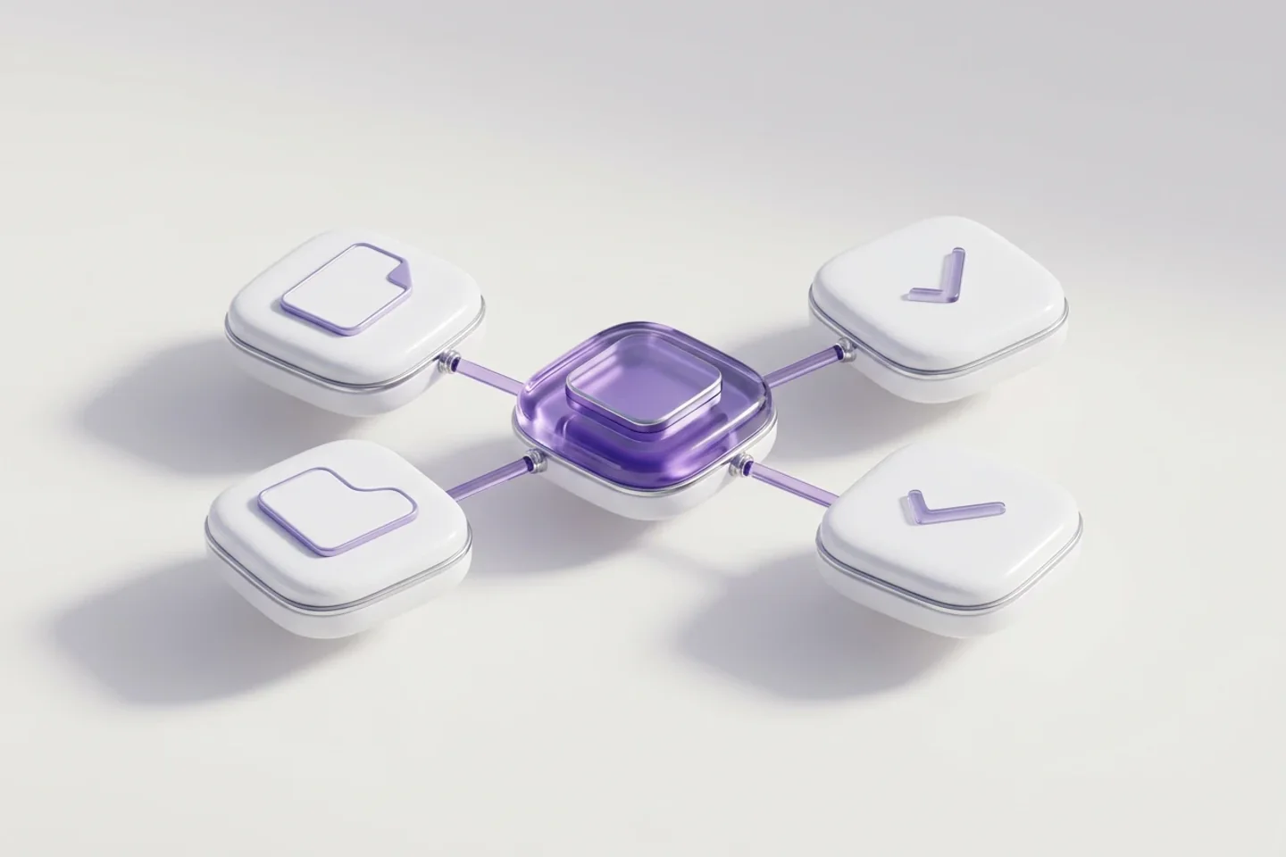 Concept illustration of four document and task modules connected to a violet software core.