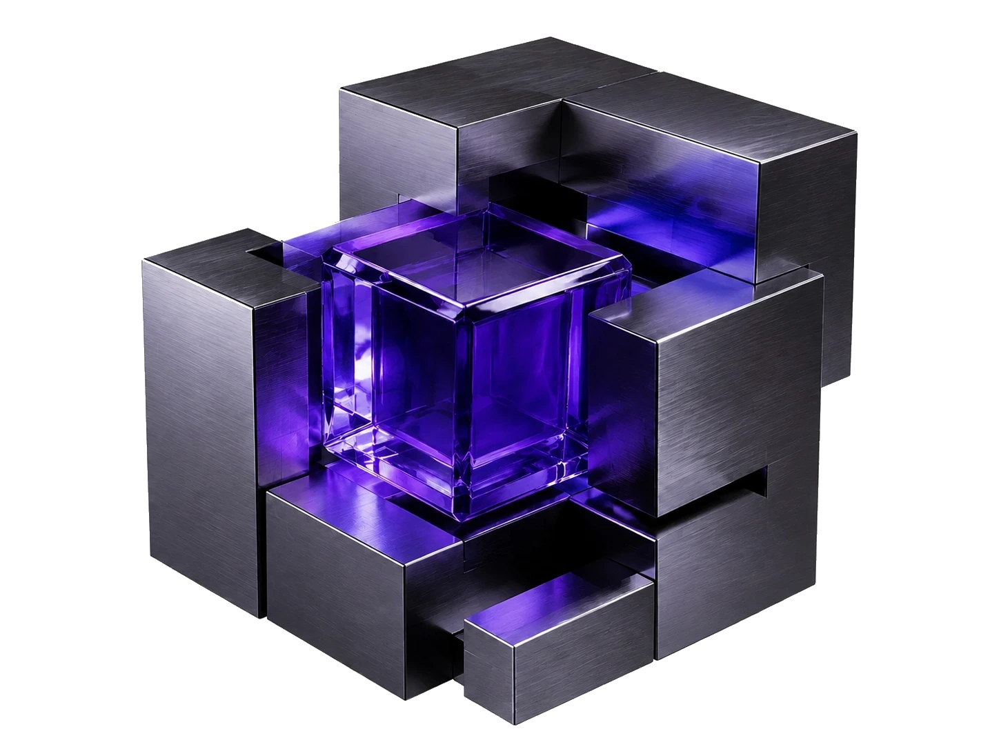 Een paarse glazen kern in verbonden chromen structuren