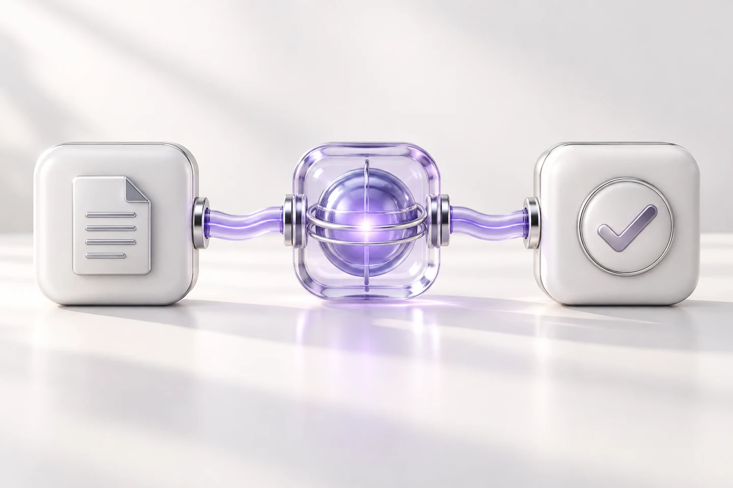Concept illustration of a document connected through a violet processing core to a review checkmark.
