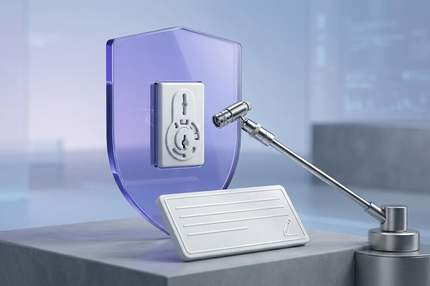 Concept illustration of a violet shield and lock being examined beside a report tile.