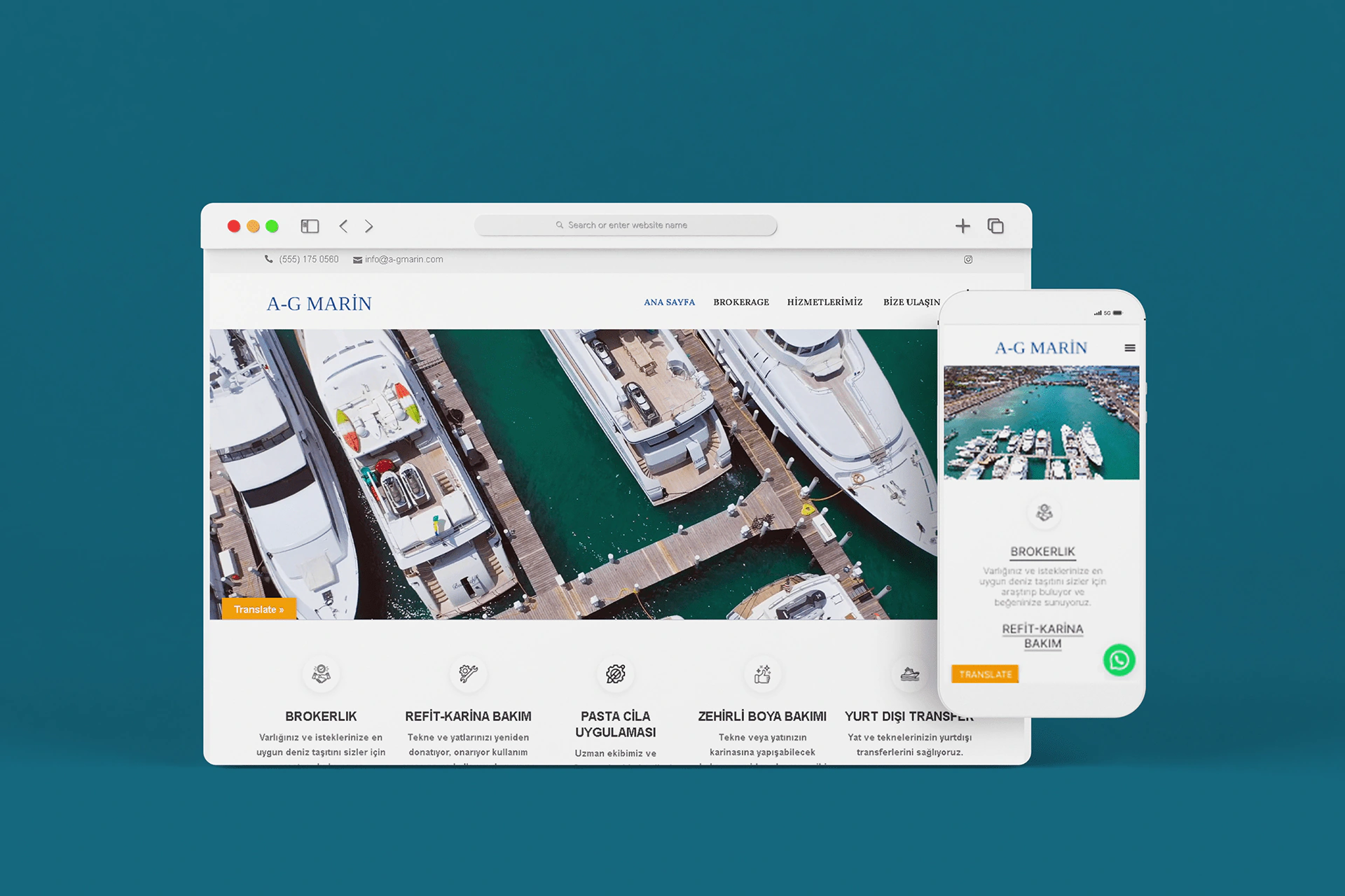 A-G Marin desktop and mobile website design mockups with a marina photograph on a teal background