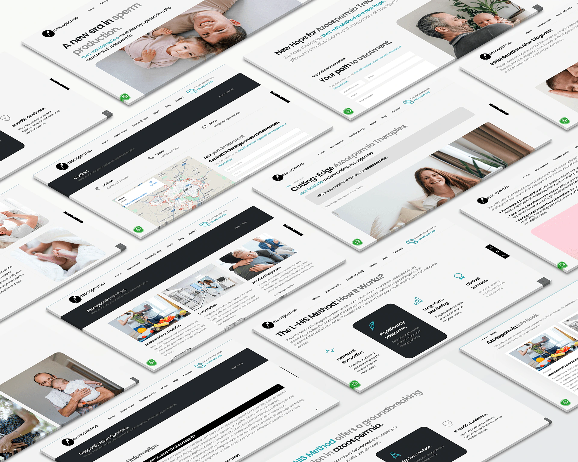 Azoospermia website interface designs in a diagonal collage with white, charcoal and turquoise page layouts