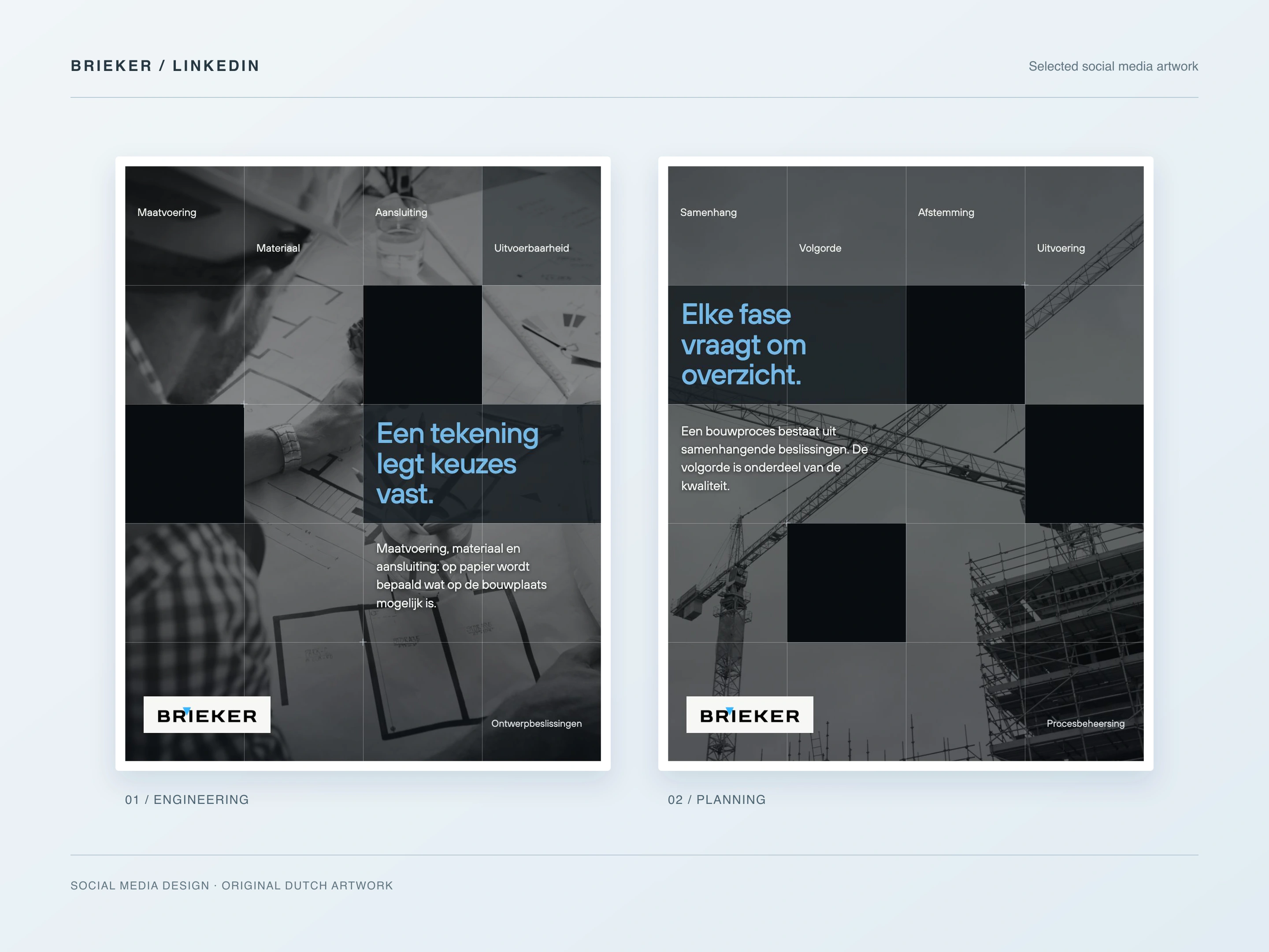 Selected original designs from Brieker’s published LinkedIn posts about engineering and project planning, with Dutch headlines