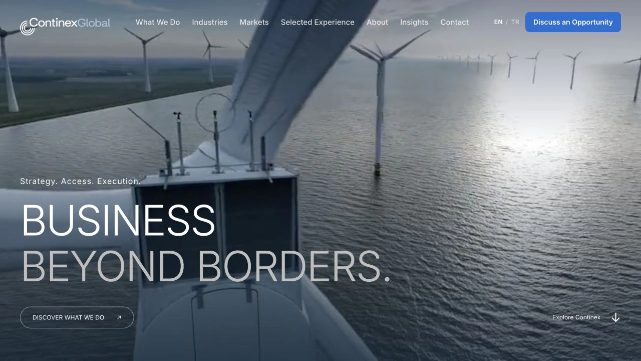 Continex Global website preview with the Business Beyond Borders headline over a wind-turbine background