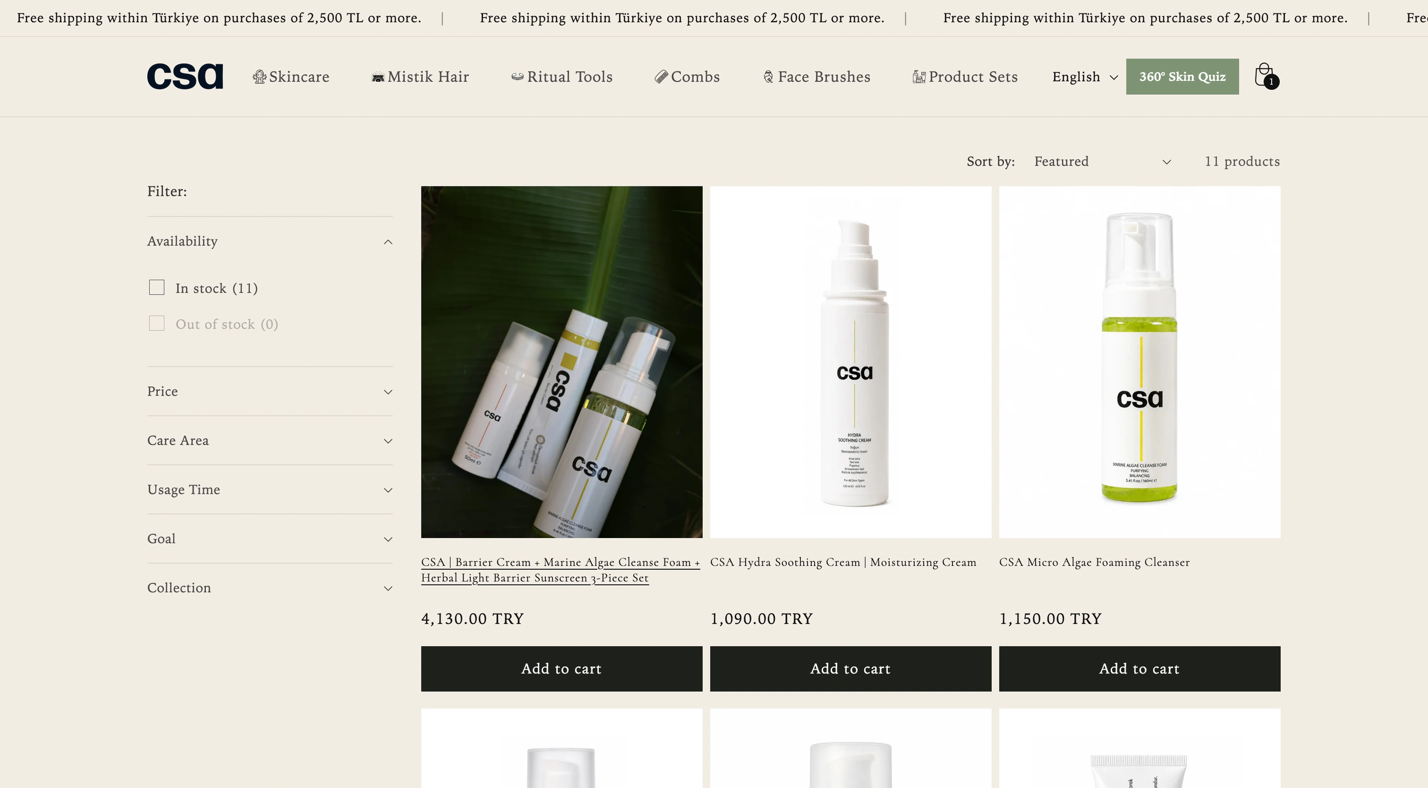 English-language collection page on the CSA Cosmetics Shopify website, showing the product catalogue.
