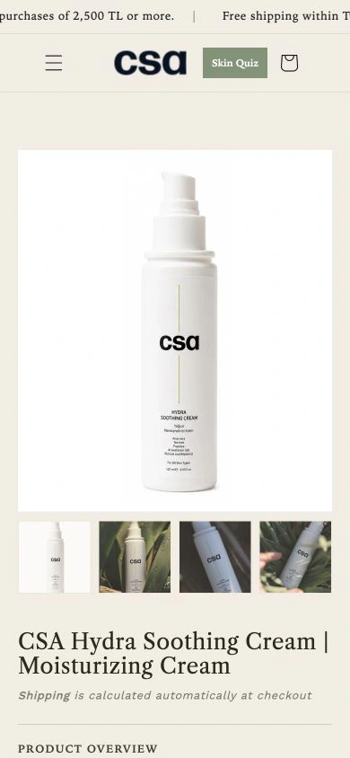 English-language mobile product page for CSA Cosmetics Hydra Soothing Cream, showing the product bottle, gallery and title.