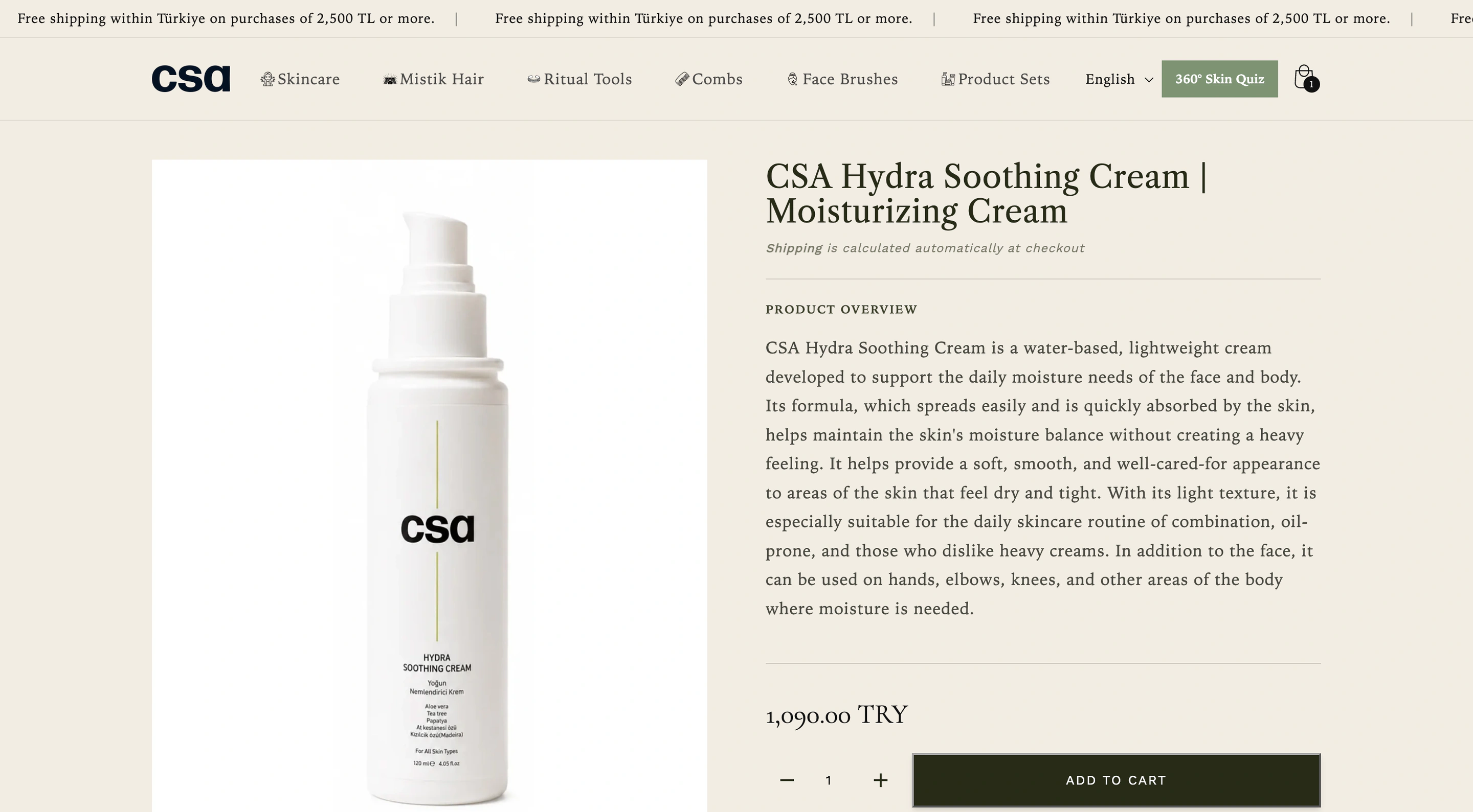 English-language product page on the CSA Cosmetics Shopify website, showing product imagery and information.