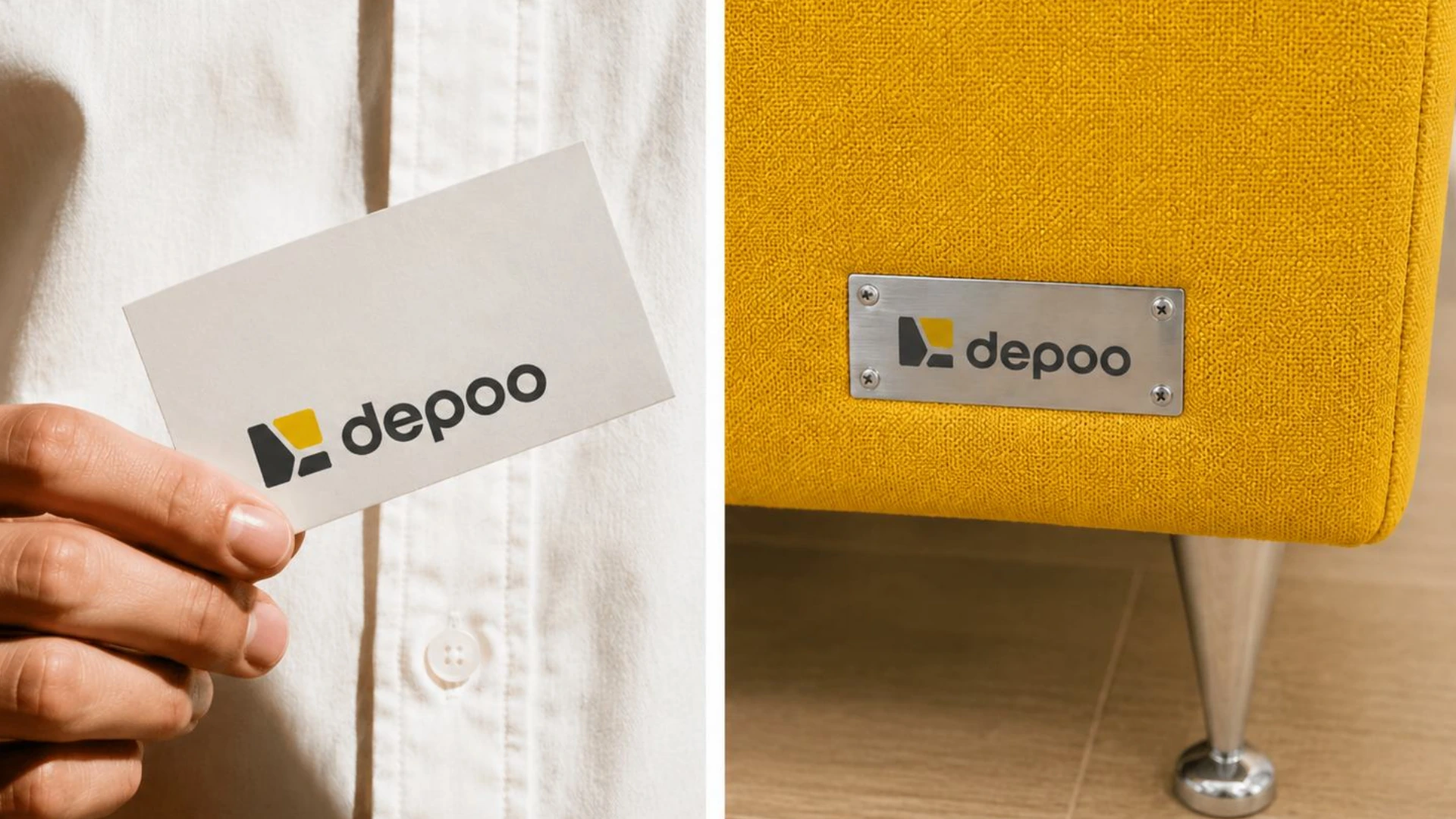 Depoo brand application mockups: a card and a furniture label