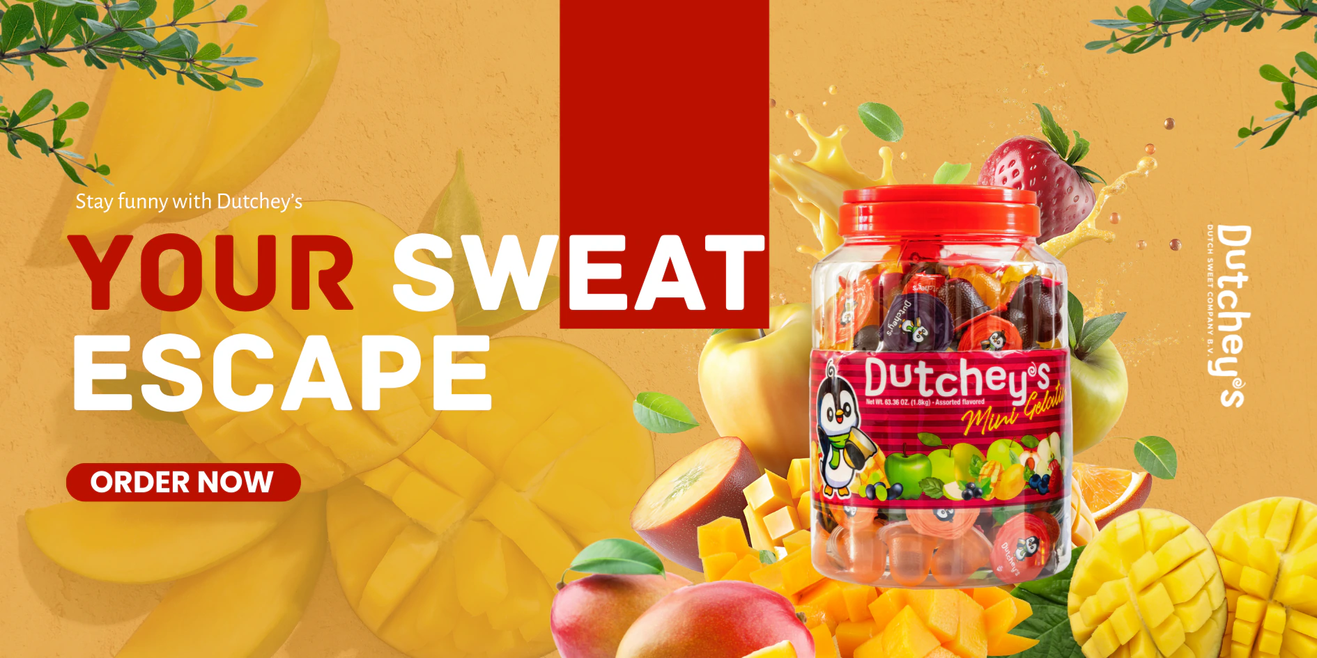 Dutchey’s banner design with a sweets jar, fruit imagery and large lettering on a yellow background