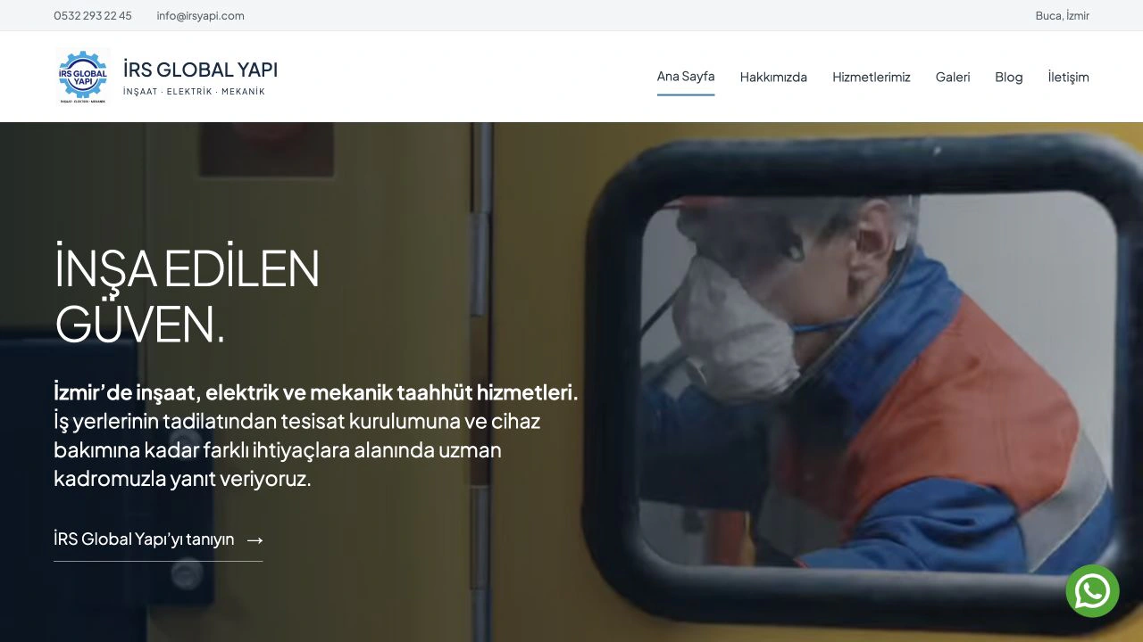 Homepage of the İRS Global Yapı website for construction, electrical and mechanical contracting