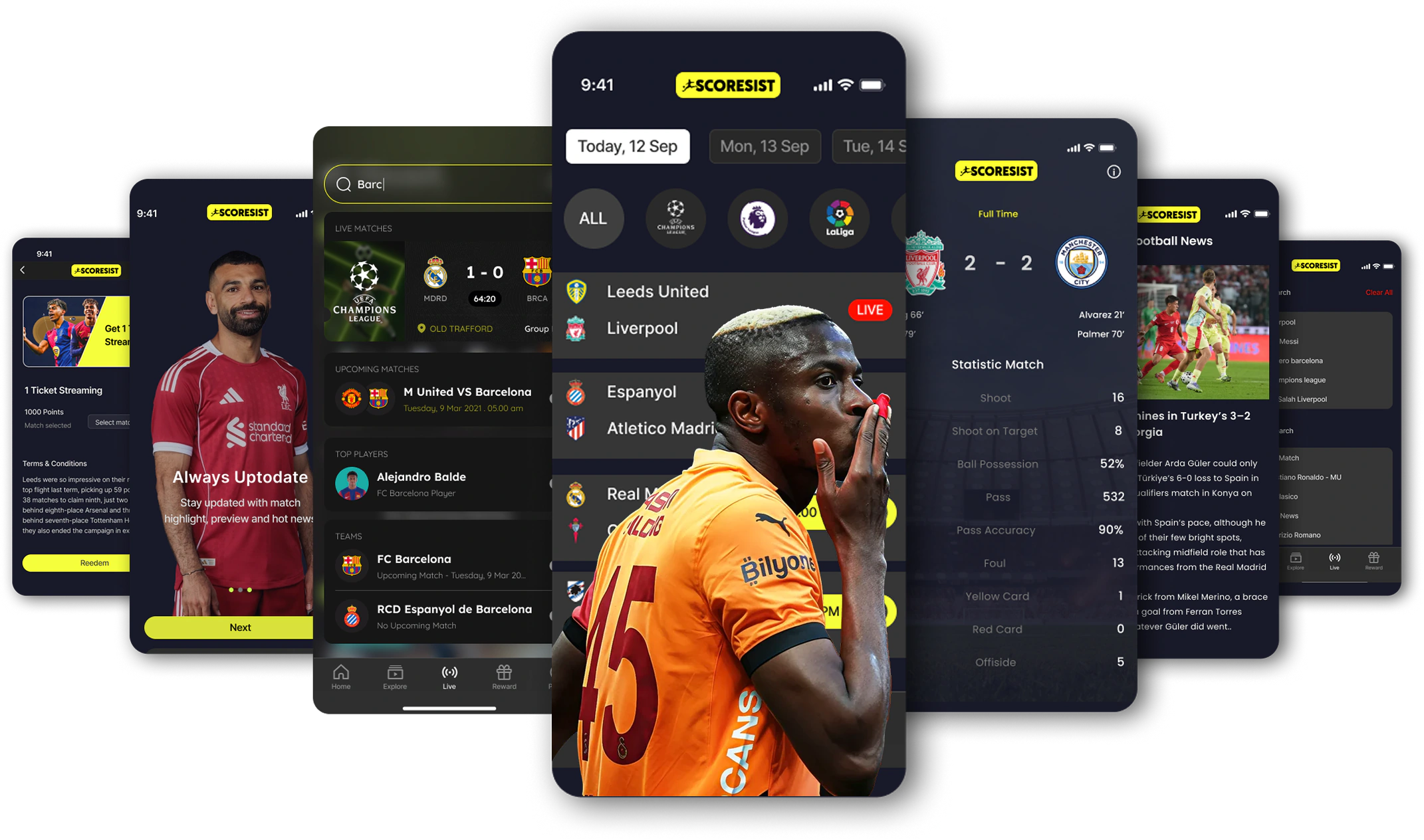 Scoresist mobile app interface mockups showing football match lists, filters and match details
