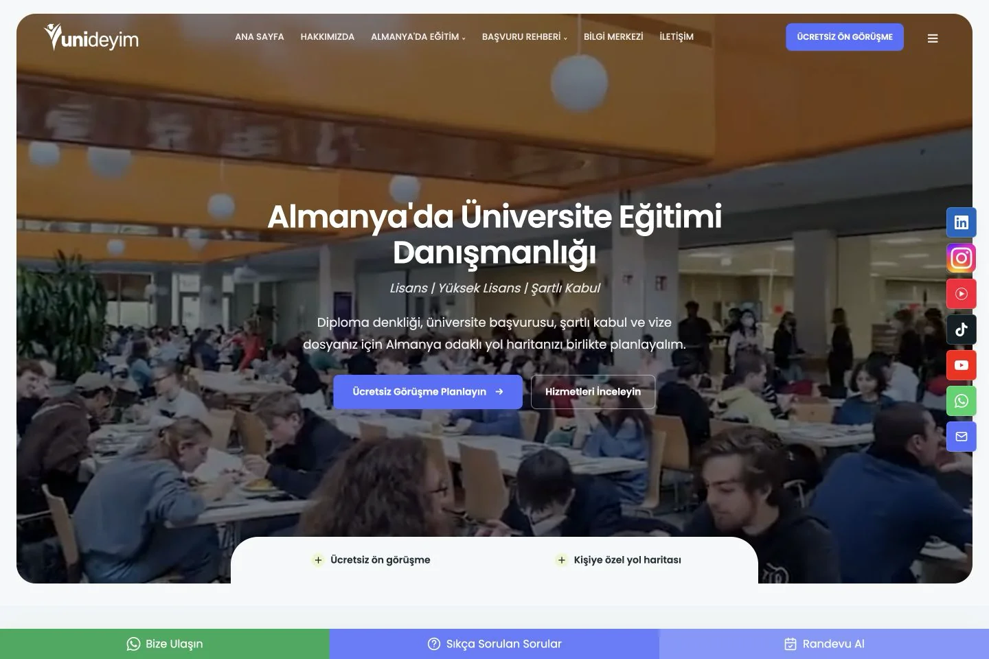 Unideyim homepage with Turkish education consultancy information and consultation buttons over a university dining hall photograph
