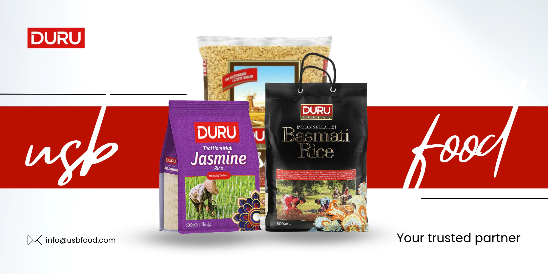 USB Food product banner featuring Duru rice and bulgur packs against a red and white background