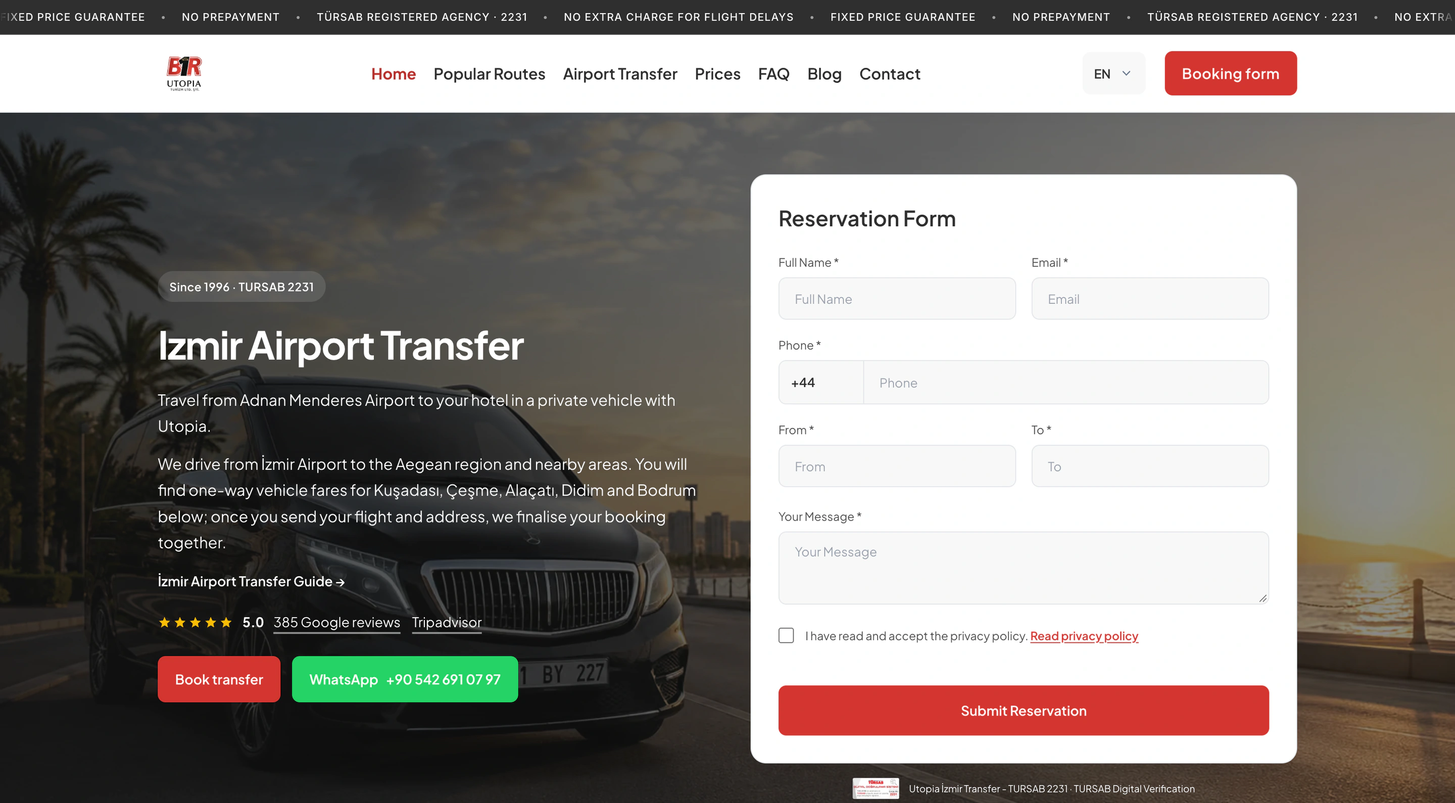 Utopia İzmir Transfer homepage with English airport transfer information and a reservation form beside a vehicle photograph