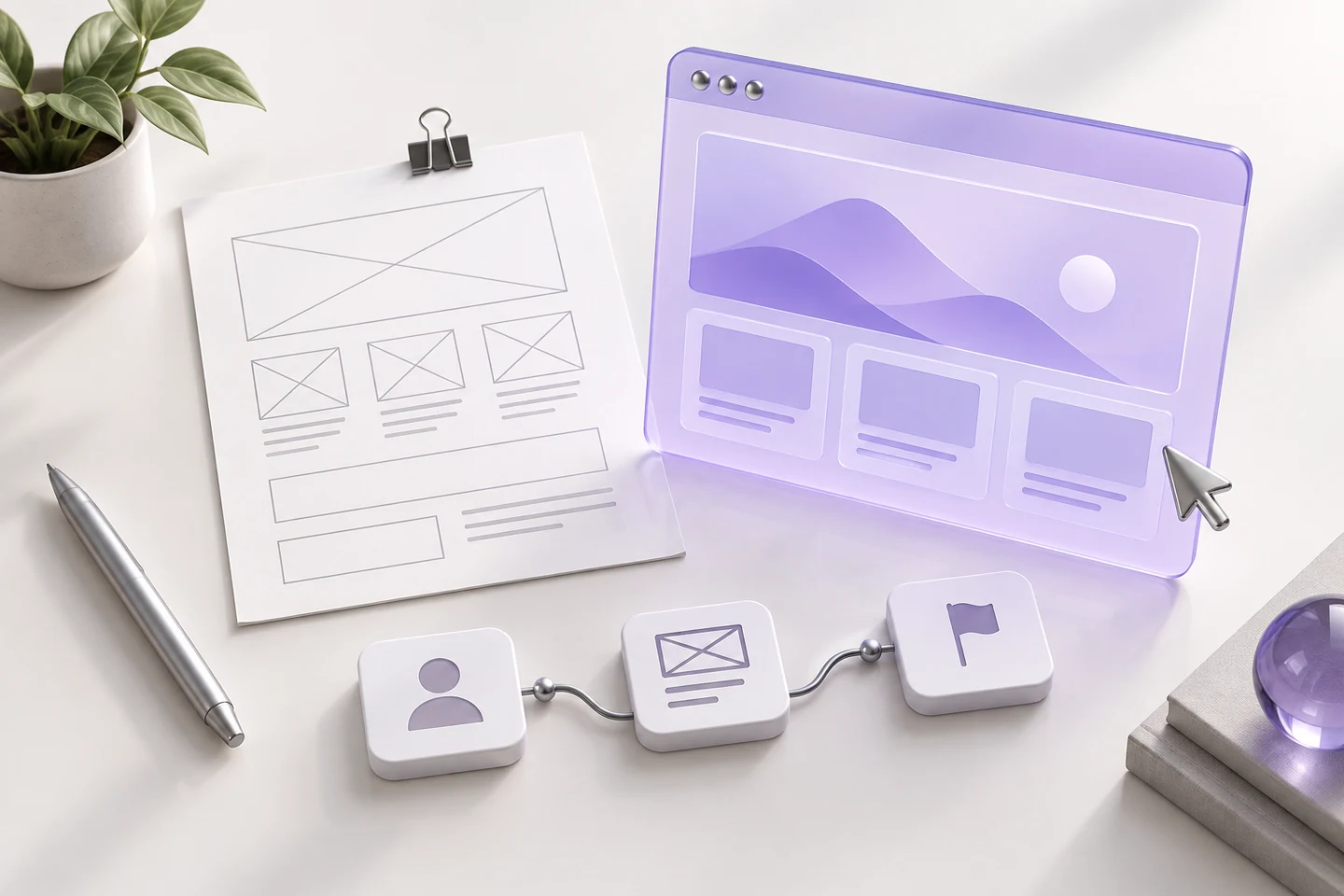 Mor cam tarayıcı maketi ve bağlantılı kullanıcı yolculuğu simgelerinin yanında web sitesi taslağı.